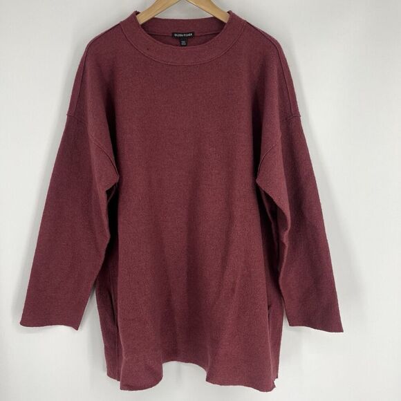 Eileen Fisher Sweater Size XL Womens Maroon Boiled Wool Mock Neck Tunic Top - Picture 1 of 12